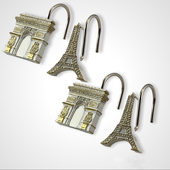 Paris Eiffel Tower Shower Hooks Arc de Triomphe French Resin White Gold 12 PC - Picture 2 of 16